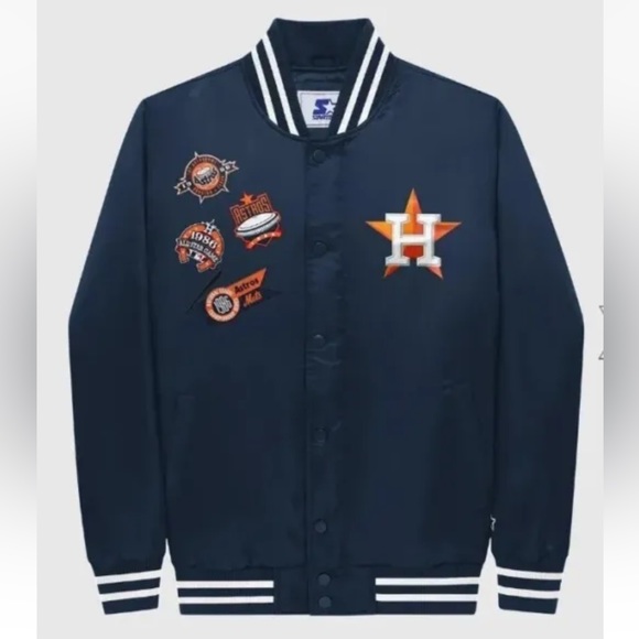 Starter Navy Houston Astros Satin Full-Snap Varsity Jacket Mens Size XL New - Picture 1 of 5